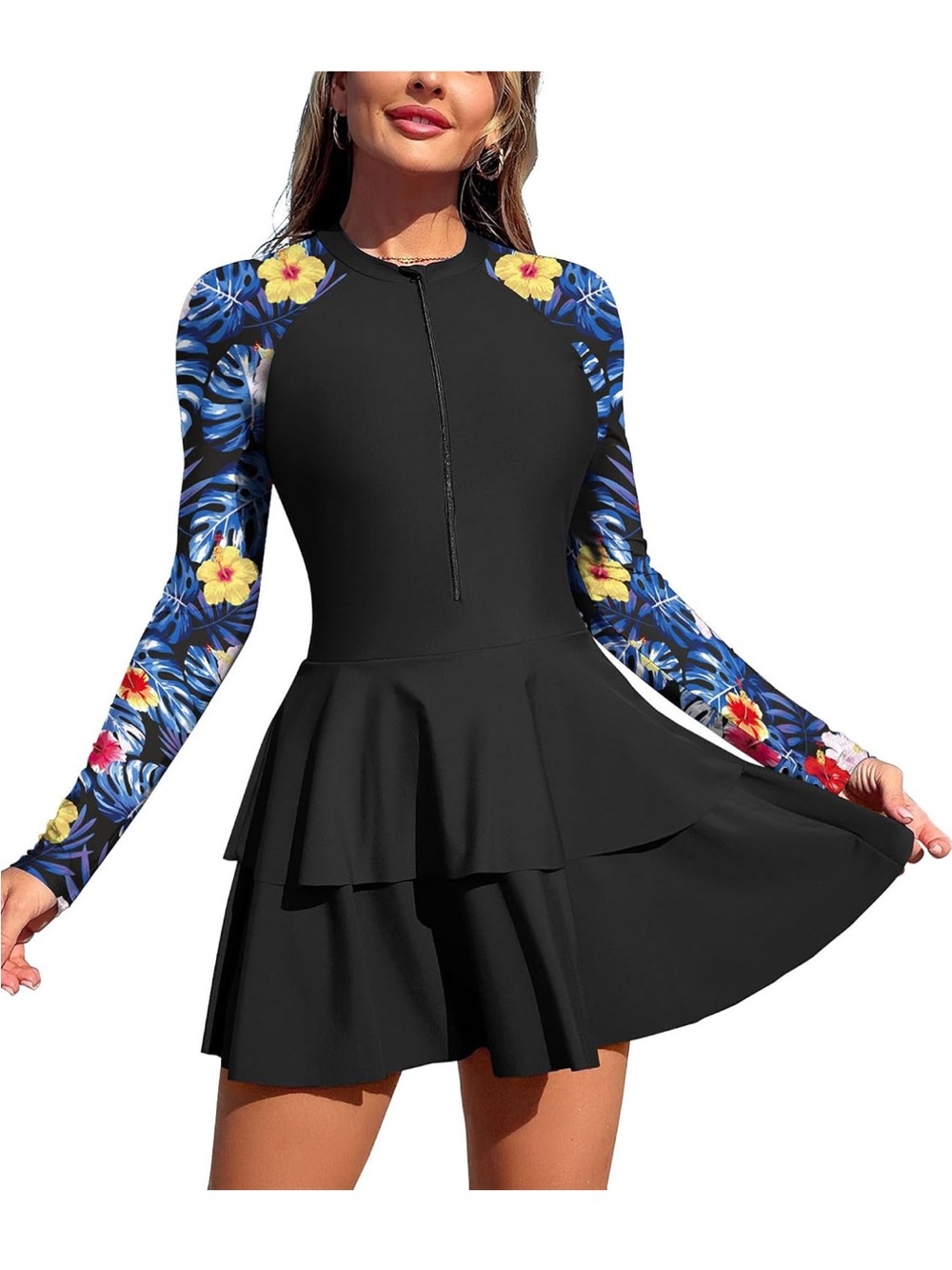 Zaful Black Swim Dress with Blue Floral Long Sleeves new but washed